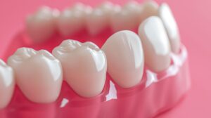 AI generated closeup of shiny dentures on a pink surface